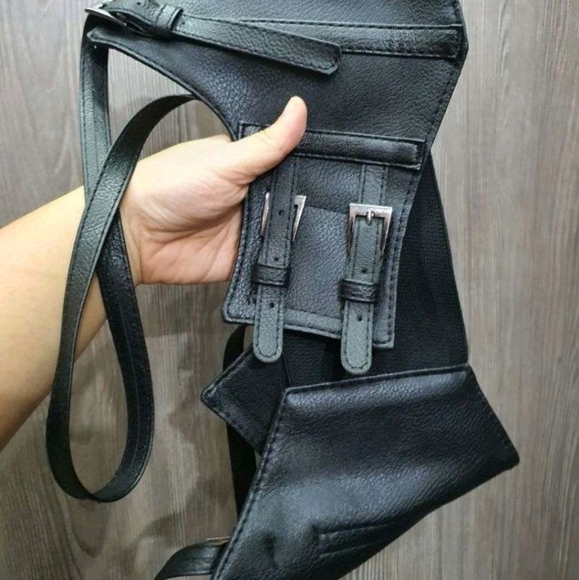 Womens Corset black vegan leather harness buckle suspenders steampunk waist belt - Picture 11 of 17